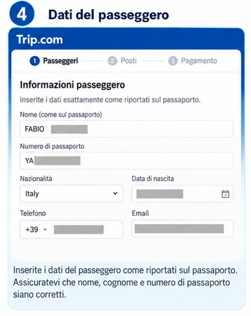 Inserimento dati passaporto Trip.com